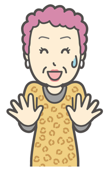  手を振ってごまかしているおばちゃん ごまかす,おばちゃん,大阪,ヒョウ柄,おばはん,中年,女性,関西,派手,おばさんのイラスト素材