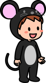 黒のネズミコスの男の子です。 ネズミ,コスプレ,シンプル,コスチューム,動物,着ぐるみ,パーティー,イベント,耳,しっぽのイラスト素材