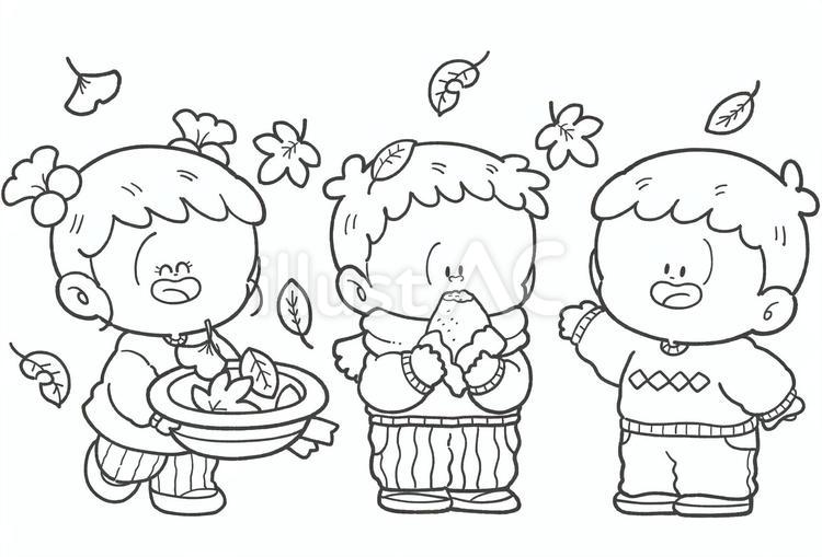 秋の子どもたちの白黒手描きイラスト 秋,白黒,子どものイラスト素材