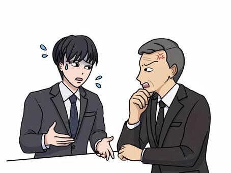 怒って注意する上司と慌てて説明する男性 怒り,注意,上司,中年,スーツ,男性,説明,部下,新人,ビジネスのイラスト素材