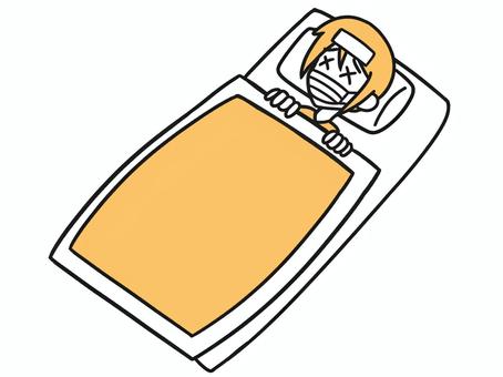 風邪をひいて　寝込む人　イラスト 人物,体調不良,風邪,布団,タオル,マスク,カゼ,熱,咳,冬のイラスト素材