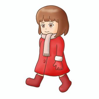 歩く女の子（冬の日常ポーズ） 女の子,冬,冬服,コート,マフラー,手袋,ブーツ,かわいい,日常,動作のイラスト素材