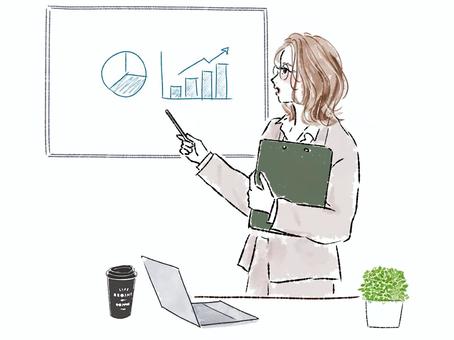 女性　プレゼン　データ　バインダー　仕事 女性,プレゼン,バインダー,グラフ,pc,スーツ,めがね,会議,講義,仕事のイラスト素材