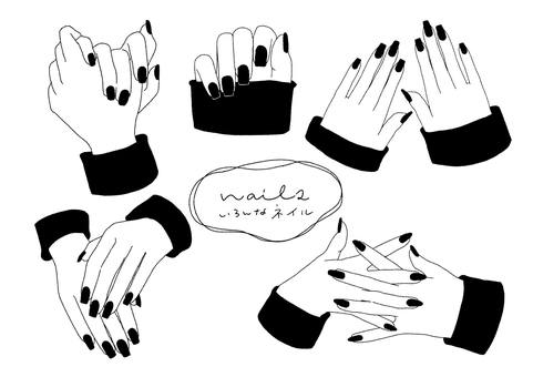 いろんなネイル_手描きイラスト_線画 ネイル,手,線画,モノクロ,ファッション,おしゃれのイラスト素材