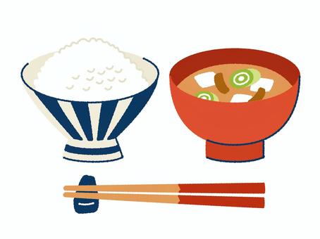 ご飯と味噌汁 米,新米,白米,味噌汁,豆腐,ネギ,油揚げ,食事,朝ごはん,夕飯のイラスト素材