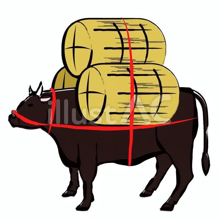 丑年　黒毛和牛と俵　年賀状素材B 丑年,干支,2021年のイラスト素材