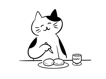 おはぎを食べる猫（モノクロ） 猫,おはぎ,ぼたもち,あんこ,こしあん,つぶあん,きなこ,お彼岸,和菓子,和スイーツのイラスト素材