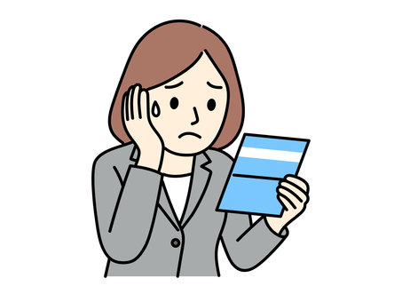通帳を見て落ち込むスーツの女性 スーツ,女性,会社員,社会人,働く,ビジネス,仕事,職場,オフィス,キャリアウーマンのイラスト素材