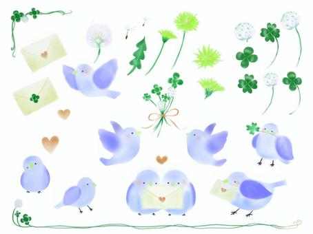 小鳥とクローバーのセットイラスト(青色) 鳥,可愛い,セット,水彩,動物,クローバー,ハート,手紙,飛ぶ,かわいいのイラスト素材