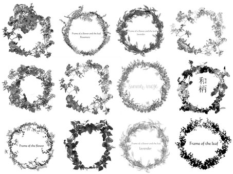フレームセット円形2モノトーン モノトーン,つる植物,文字あり,背景無し,グレー,花・植物,フレーム,セットのイラスト素材
