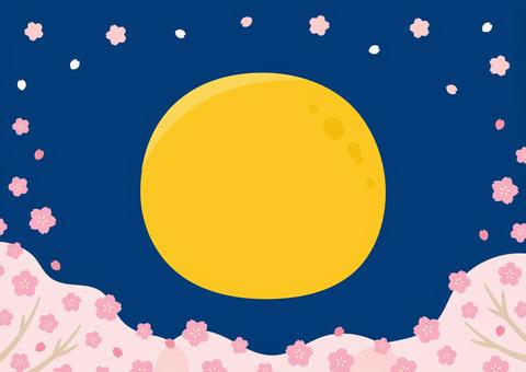 桜と月、夜桜・お花見・春の行事のイラスト 桜,春,花,背景,花びら,桜吹雪,お花見,花見,夜桜,月のイラスト素材