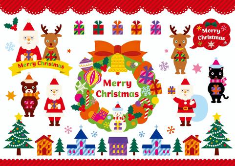 かわいいクリスマスセット01 クリスマス,サンタ,トナカイ,くま,ねこ,クリスマスリース,クリスマスツリー,ツリー,サンタクロース,メリークリスマスのイラスト素材