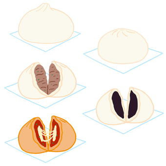 肉まん各種のイラストセット 肉まん,あんまん,ピザまん,饅頭,食べ物,セット,まとめ,複数,バリエーション,詰め合わせのイラスト素材