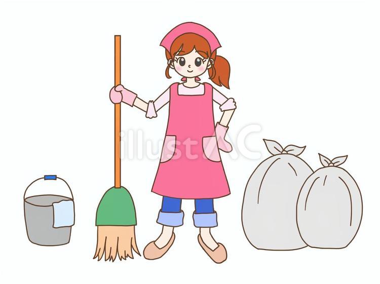 大掃除をするほうきを持った女の人 掃除,大掃除,ゴミ袋のイラスト素材