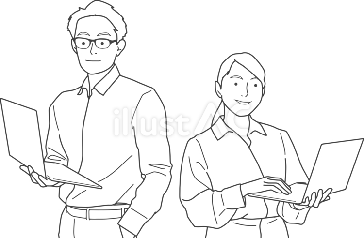 エンジニアの女性と男性（線画） エンジニア,プログラマー,男性のイラスト素材