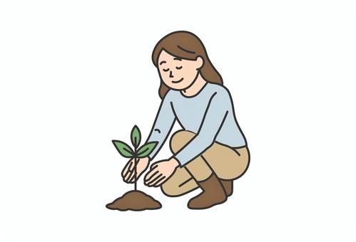 苗木を植える女性のイラスト 苗木,環境保護,サステナブル,女性,ガーデニング,緑,土,自然,エコ,森林保全のイラスト素材