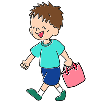 歩く子ども 歩く,子ども,半袖,半ズボン,青,緑,ピンク,笑顔,にこにこ,おつかいのイラスト素材