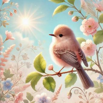 Little bird and flowers, watercolor, animal, bird, birdie, JPG