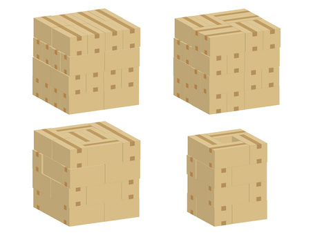 山積みのダンボール箱４種類の積み方セット ダンボール,山積み,ブロック,インターロック,レンガ,ピンホール,段ボール,保管,保存,箱のイラスト素材