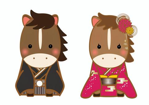 着物を着た馬の男女 年賀状,2026年,馬,午年,干支,正月,着物,正装,ご挨拶,かわいいのイラスト素材