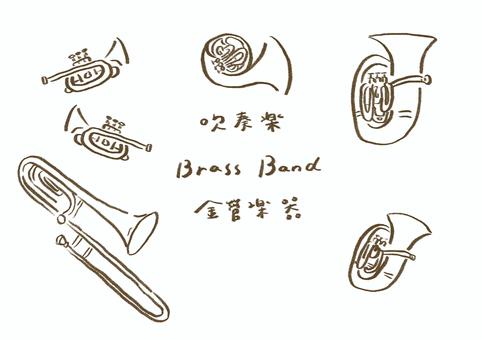 手描き 吹奏楽 金管楽器 線画 吹奏楽,金管楽器,ブラスバンド,トランペット,ホルン,トロンボーン,チューバ,ユーフォニアム,吹奏楽部,音楽のイラスト素材