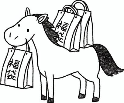 福袋を乗せたお馬さんの線画 クレヨン調,線画,塗り絵のイラスト素材
