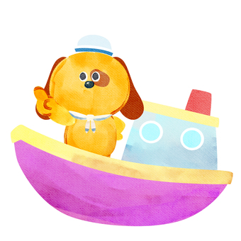 水彩画_船に乗る_03 犬,動物,手描き,水彩画,水彩,水彩風,水彩画風,夏休み,船舶,釣り船のイラスト素材