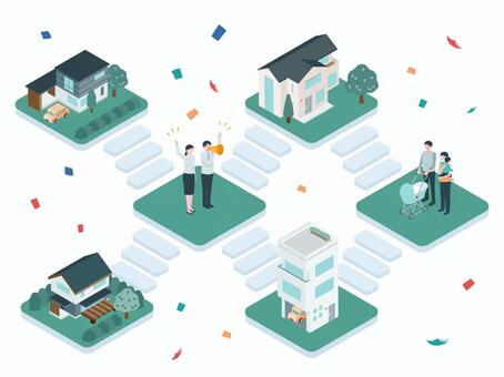 アイソメトリック_住宅・家族 アイソメトリック,立体,アイソメ,斜め上,新築,住宅,ファミリー,子育て,生活,住まいのイラスト素材