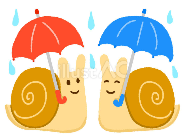 雨の中ばったり出会ったカタツムリ達 かたつむり,傘,雨のイラスト素材