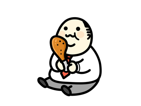 チキンを食べる中年男性　イラスト素材 おじさん,男性,中年,チキン,食べる,可愛い,イラスト,ごちそう,美味しい,サラリーマンのイラスト素材