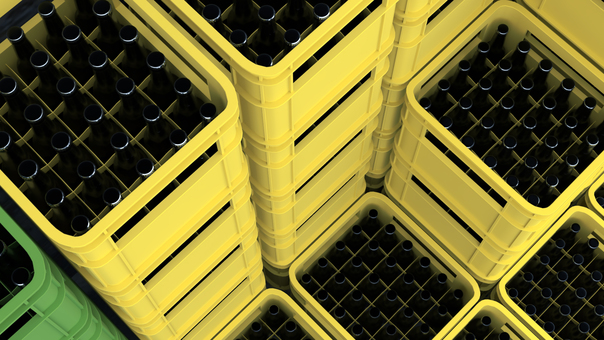 積み上げられたケースと瓶 ビールケース,ケース,ビール箱,入れ物,3d,cg,瓶ビール,背景,緑色,黄色のイラスト素材