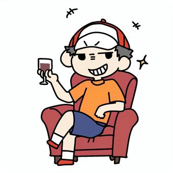 ワイングラス片手のたくらむ少年 小学生,片手,たくらむ,ワイングラス,ぶどうジュース,イメージ,支配者,悪だくみ,悪行,悪いのイラスト素材