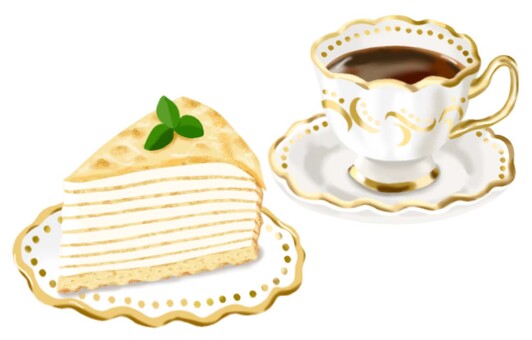 ミルクレープと洒落たカップのコーヒー ミルクレープ,ケーキ,食べ物,コーヒー,喫茶,カフェ,おやつ,甘い,美味しい,スイーツのイラスト素材
