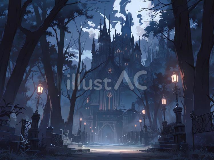 ダークファンタジー風な闇夜の教会_背景画 教会,塔,ゴシックのイラスト素材
