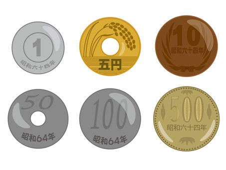 日本の小銭 お金,小銭,硬貨,一円,五円,十円,五十円,百円,五百円,日本のイラスト素材