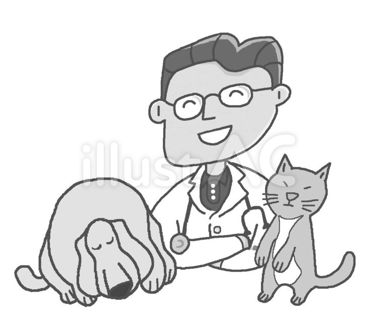  犬と猫とさわやかで誠実そうな獣医／男性 猫,犬,ペットのイラスト素材