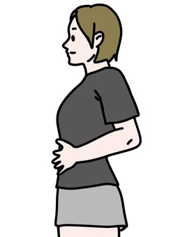 お腹に手を当てる女性 女性,横向き,側面,お腹,さする,マッサージ,押さえる,深呼吸,上半身,10代のイラスト素材