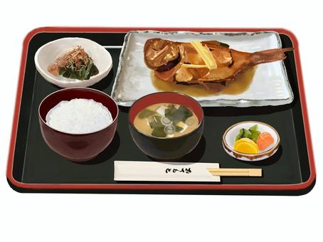 煮魚定食A2（お盆付き） 煮魚,魚料理,魚,煮つけ,定食,和風,ご飯,みそ汁,漬物,箸のイラスト素材