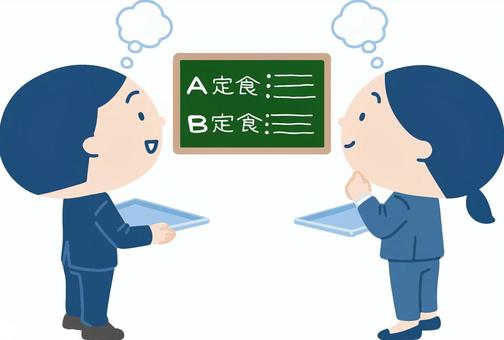 社員食堂＿昼食を選んでいる男女２人 社員食堂,食堂,社食,ビジネス,会社,大人,男性,女性,男女,2人のイラスト素材
