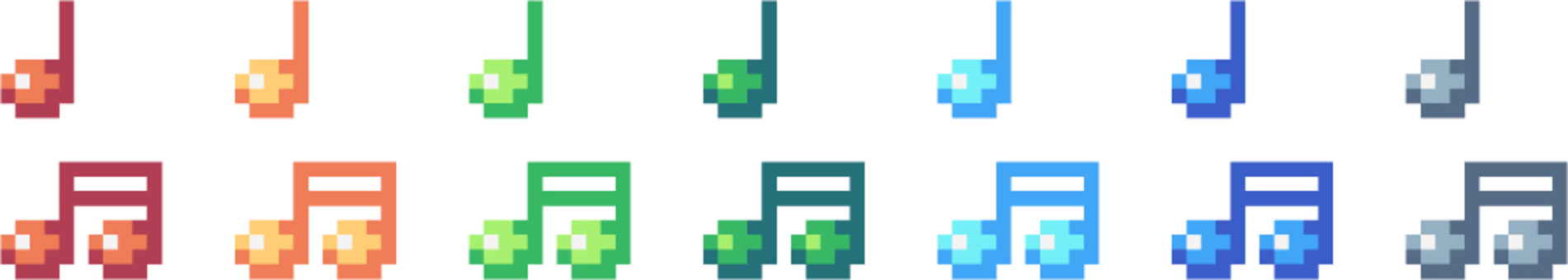 音符のドット絵セット2 音符,記号,音楽,楽譜,ドット絵,かわいい,小さい,セット,アイコン,ベクターのイラスト素材