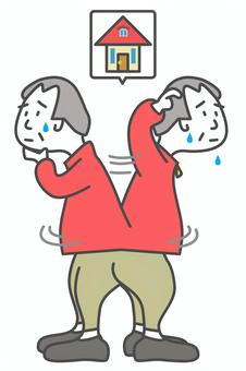 キョロキョロ家を探す高齢男性 家,自宅,探す,高齢,男性,キョロキョロ,ウロウロ,忘れる,認知症,迷うのイラスト素材