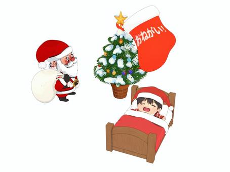 サンタ驚くクリスマスイブプレゼントの靴下 クリスマス,サンタ,サンタクロース,クリスマスツリー,ツリー,可愛い,クリスマスイブ,子供,クリスマスプレゼント,ベッドのイラスト素材