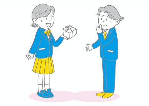 A girl giving a present and a boy confused, sunmak, noel, sevgili, JPG, PNG and AI