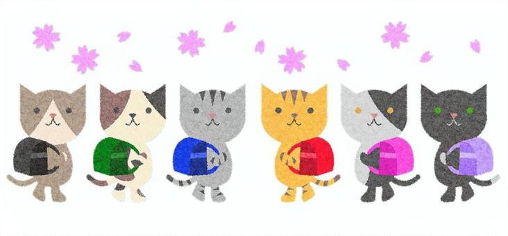 Illustration, cat, school bag, cherry blossoms, 