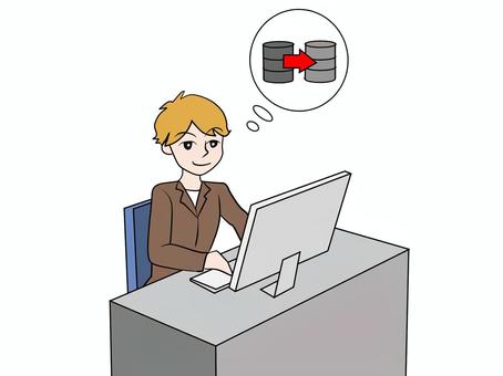データのバックアップを取る データ,バックアップ,パソコン,男性,ハードディスク,ｈｄｄ,保存,コピー,複製,男子のイラスト素材
