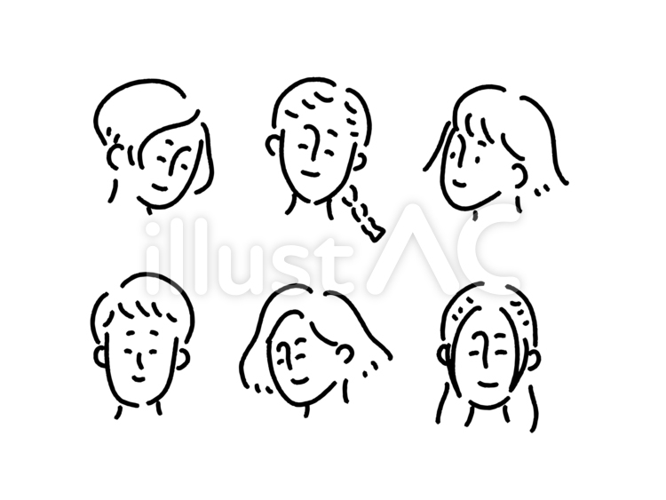 いろいろな女性の顔の線画 女性,顔,ショートカットのイラスト素材