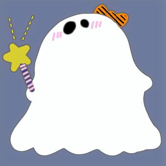 リボンをつけたお化けのハロウィンフレーム ハロウィン,おばけ,フレーム,ポストカード,妖怪,モンスター,魔法のステッキ,ステッキ,星,リボンのイラスト素材