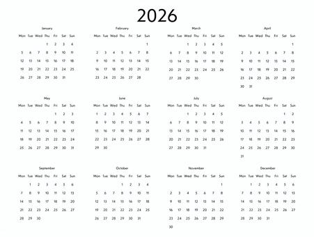 2026年カレンダー｜月曜始まり・白黒 カレンダー,2026,スケジュール,プランナー,休日,土日,ベクター,シンプル,月曜始まりのイラスト素材