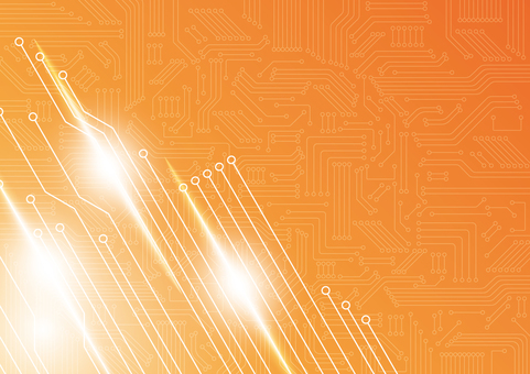 電子回路と光のフレアの明るいデジタル背景 デジタル,電子回路,基盤,テクノロジー,光,フレア,オレンジ色,背景のイラスト素材
