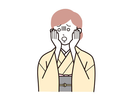 手を頬に当て青ざめ着物女性A左向／カラー 両手,頬,青ざめる,女性,お母さん,着物,講師,20代,30代,40代のイラスト素材